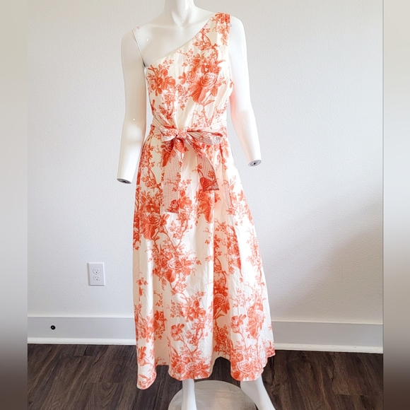 Zara Dresses & Skirts - NWOT Zara One Shoulder Lined Belted Tropical Orange Print Midi Dress Sz XL
